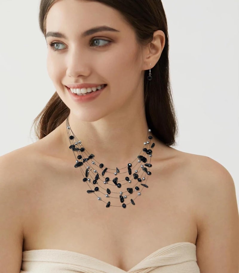 Errally Store Multi-Layer Boho Shell Beaded Necklace for Women Colorful Crystal Strand with Silver Beads Statement Collars Necklace and Earrings Costumes Jewelry Sets for Women - Image 3